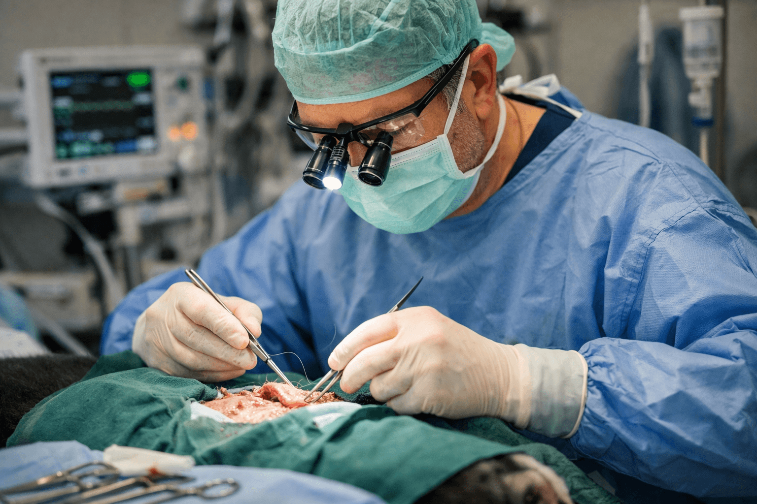 Tierarzt in sterilem OP-Kittel mit Lupenbrille beim präzisen Nähen im Operationssaal